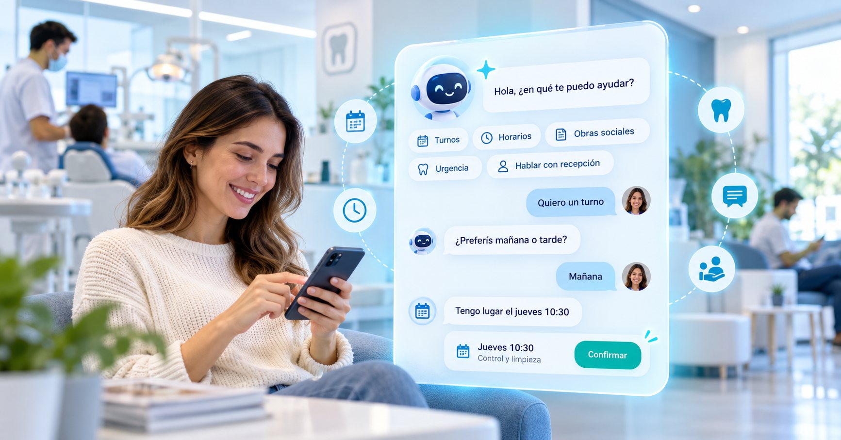 Ilustración: una paciente consulta desde su celular a un asistente virtual de una clínica dental; el chat ofrece turnos, horarios y obras sociales, y muestra un turno de control y limpieza el jueves a las 10:30