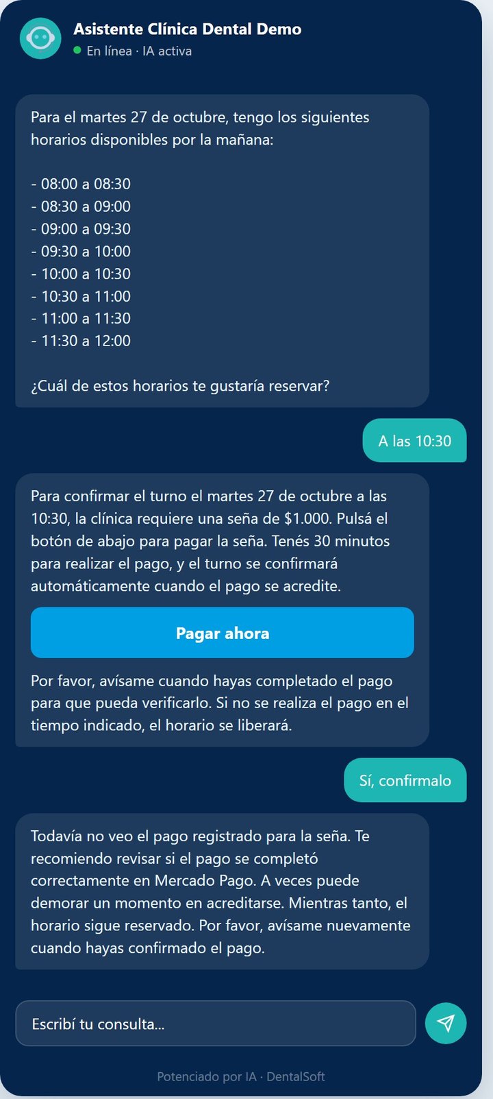 Chat del asistente virtual de la clínica de demostración de DentalSoft: ofrece horarios del martes 27 de octubre, la paciente elige las 10:30, el asistente pide una seña de $1.000 con un botón Pagar ahora y, cuando ella escribe Sí, confirmalo, responde que todavía no ve el pago registrado