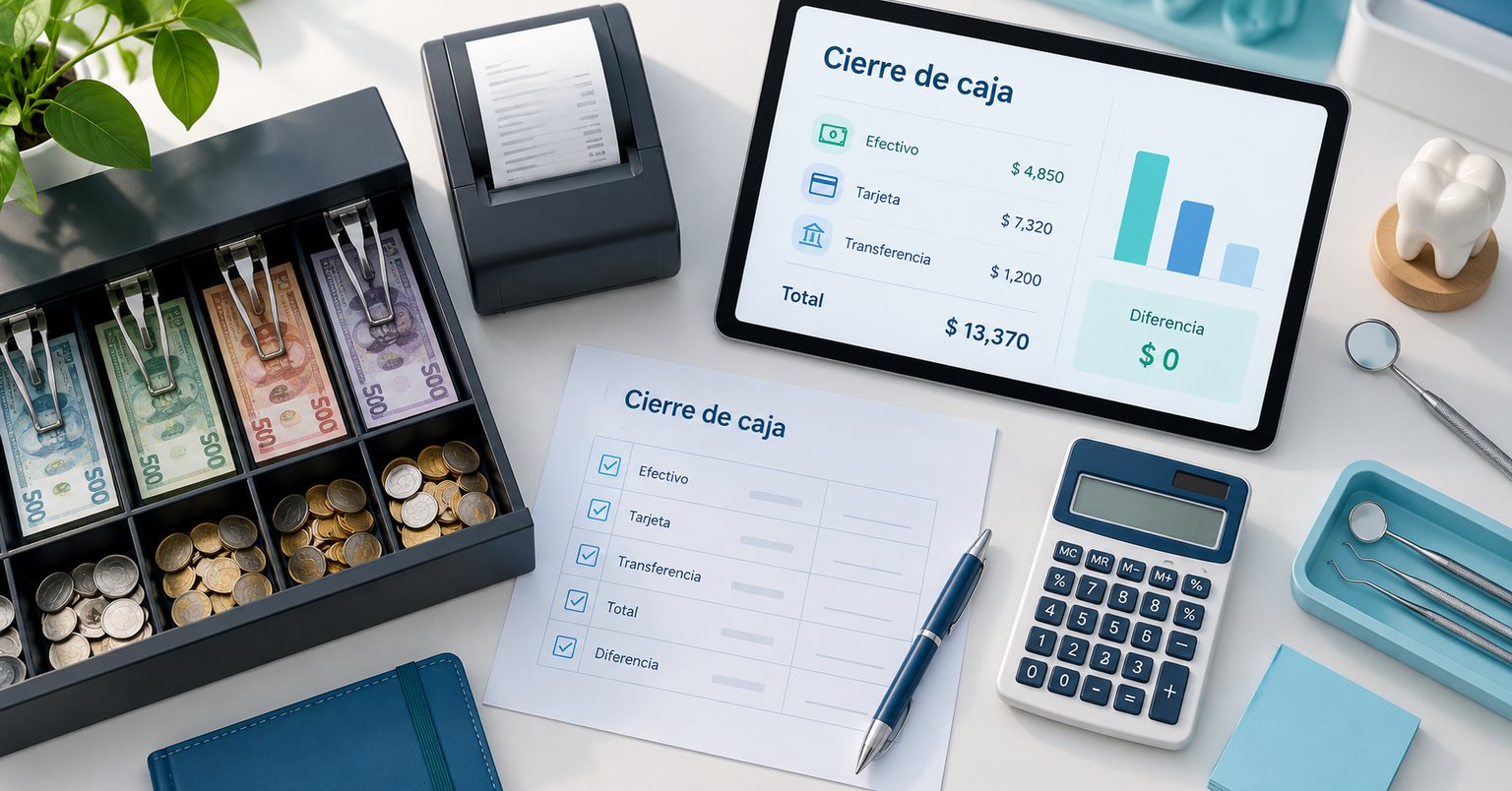 Escritorio de un consultorio odontológico con caja de efectivo, impresora de tickets, tablet con el cierre de caja por efectivo, tarjeta y transferencia, planilla de control y calculadora