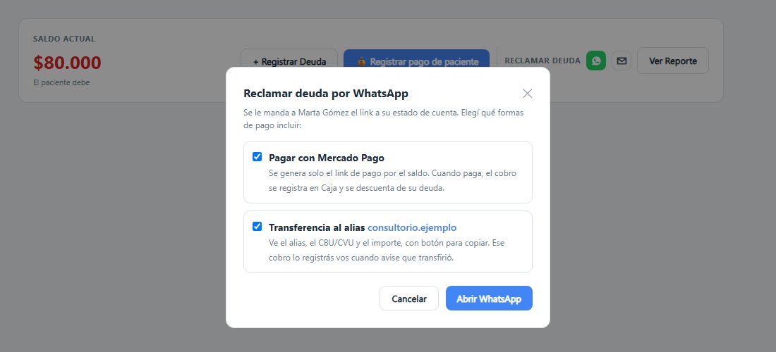 Ventana Reclamar deuda por WhatsApp de DentalSoft con las opciones de incluir pago con Mercado Pago y transferencia al alias de la clínica