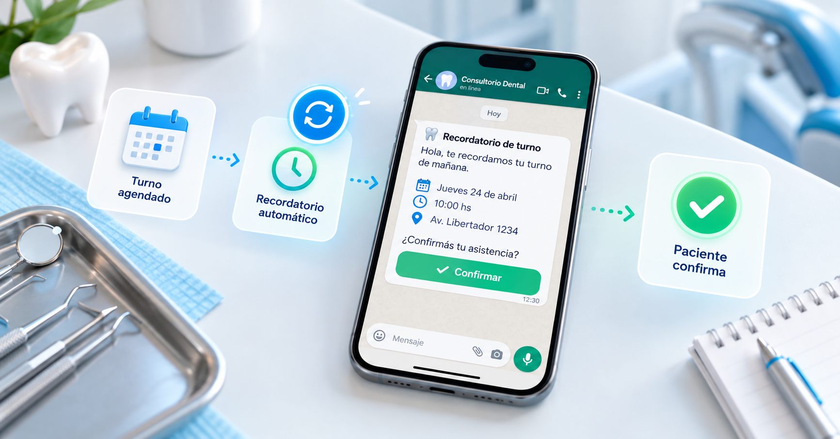 Esquema ilustrado del recorrido de un recordatorio: turno agendado, recordatorio automático por WhatsApp con el botón Confirmar en un celular y paciente que confirma