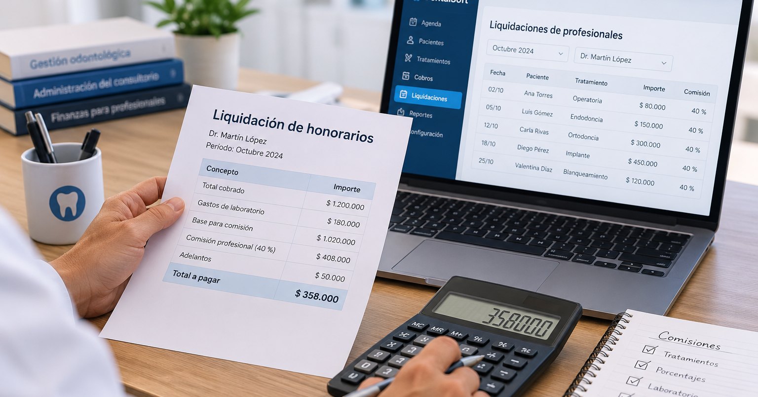 Liquidación de honorarios impresa con total cobrado, laboratorio, comisión del 40 % y total a pagar, junto a una calculadora y la pantalla de liquidaciones