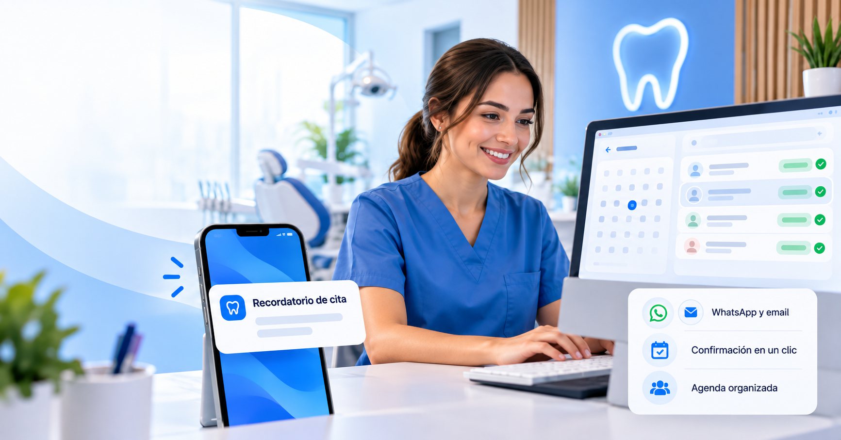 Recepcionista de una clínica odontológica sonriendo frente a la agenda digital, con un recordatorio de cita en el celular