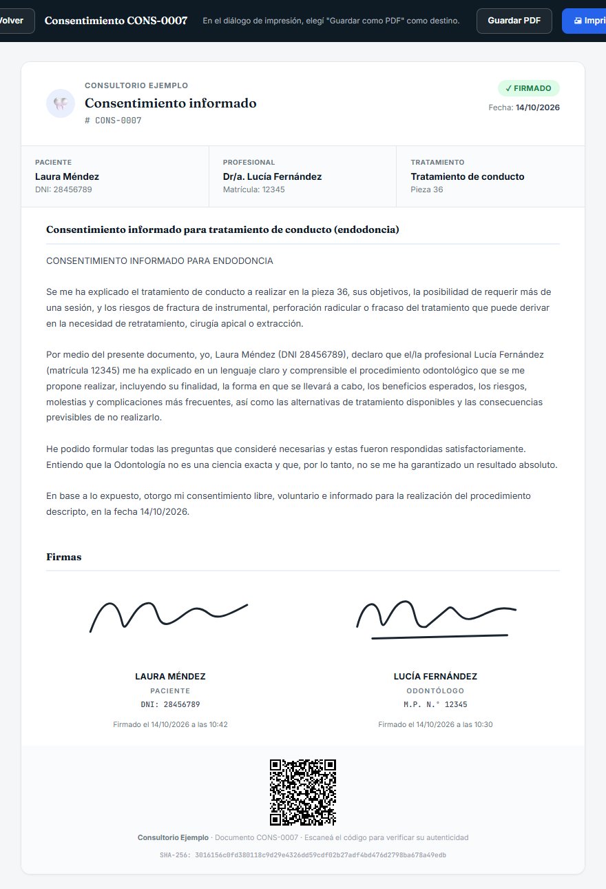 Documento final de un consentimiento informado de DentalSoft con los datos del paciente, el texto, las firmas del paciente y del profesional, un código QR y el código SHA-256