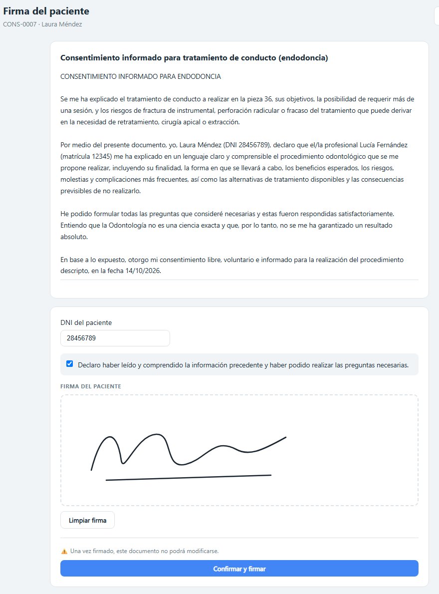 Pantalla de firma del paciente en DentalSoft con el texto del consentimiento, el campo de DNI, la declaración de haber leído y comprendido, el recuadro con una firma dibujada y el botón Confirmar y firmar