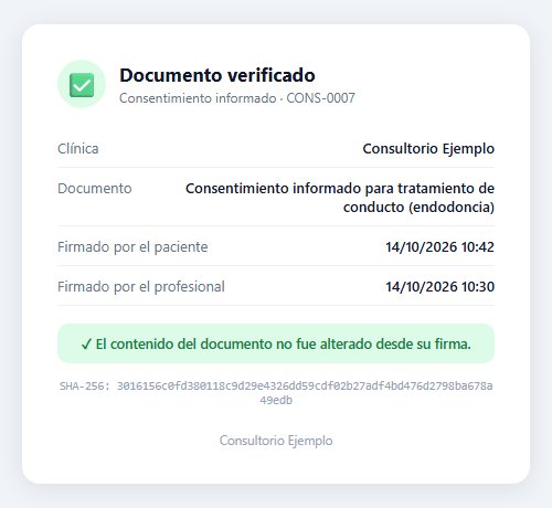 Página de verificación de un documento de DentalSoft que indica documento verificado, la clínica, el título, las fechas de firma y que el contenido no fue alterado desde su firma