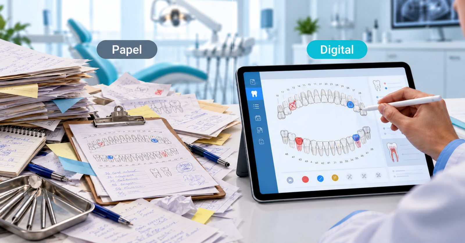 Ilustración comparativa de un consultorio odontológico: a la izquierda, fichas, notas y odontogramas en papel apilados; a la derecha, un odontólogo marcando un odontograma digital en una tableta