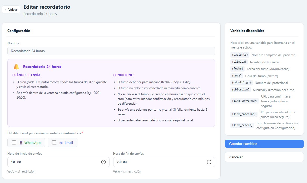 Pantalla Editar recordatorio de DentalSoft con el recordatorio de 24 horas: cuándo se envía, condiciones, selección de WhatsApp y email, horas de inicio y fin de los envíos y lista de variables disponibles
