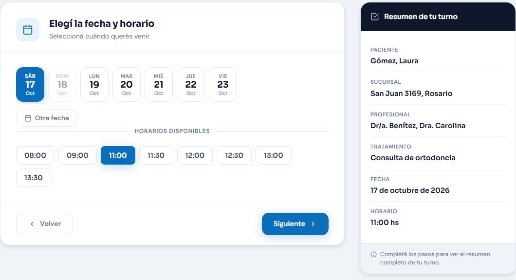 Paso 3 de la reserva online de DentalSoft: fila de días con el domingo deshabilitado y la lista de horarios disponibles del día seleccionado