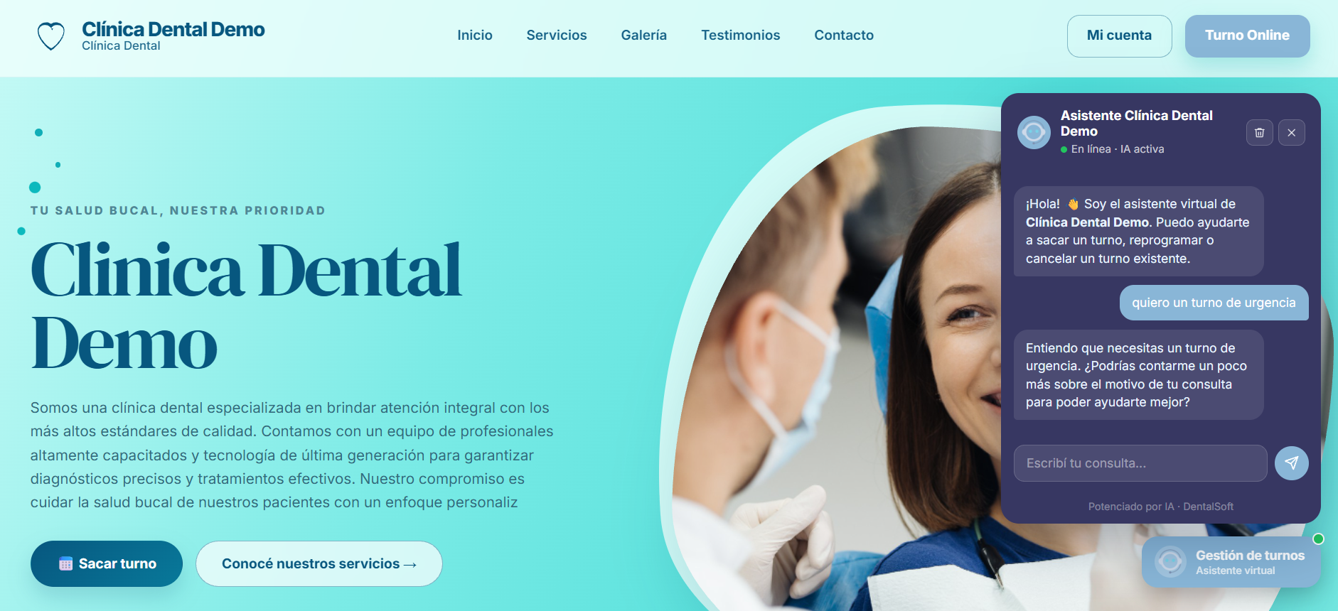 Otro diseño de página web de clínica generada con DentalSoft, con asistente virtual integrado