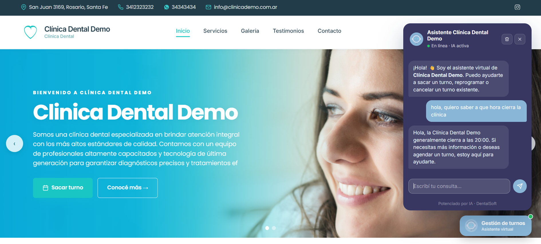 Otro diseño de página web de clínica generada con DentalSoft, con barra de contacto y asistente virtual